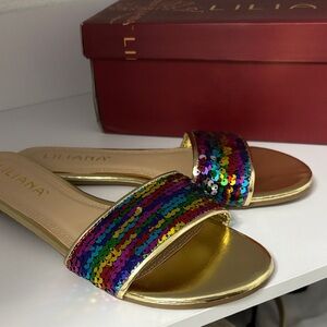 Liliana Gold and Multicolor Sequin Sandals